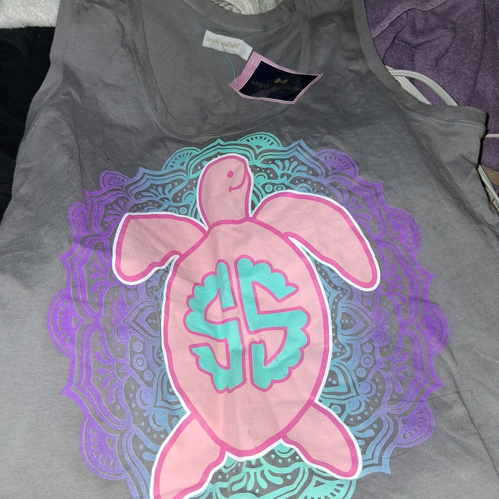 Simply Southern Gray Tank Top with Pink and Purple Turtle Design